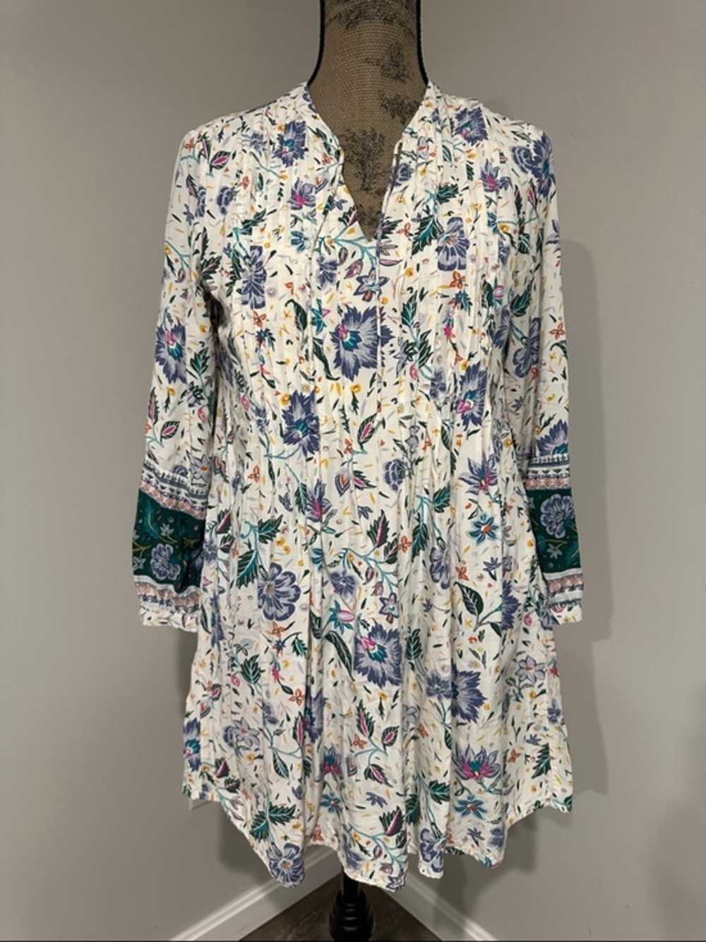 Old Navy Floral Boho baby doll Tunic Dress White/Blue & Teal Floral Print small